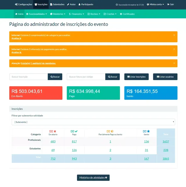Tela de inscrições e financeiro do EventWeb